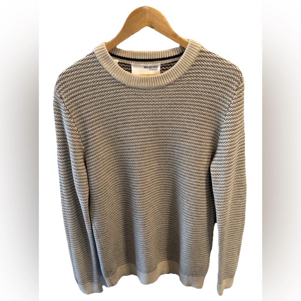 SELECTED HOMME Men’s M Cream Blue Knit Crewneck Sweater Long Sleeve Grampacore